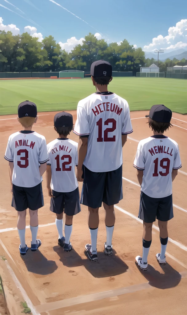 Five people praise one boy at the baseball field