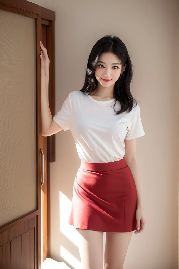 nsfw, 8K raw photo, Best quality, masterpiece, ultra high res, film grain, filmg, 1girl, young girl, 20 years old, looking at viewer, natural skin texture, realistic eye and face details, full lips, lipstick, (makeup), red eyeshadow, fluffy long hair, black hair, messy hair, smile, close mouth, beautiful legs, tall female, skinny, slim_legs, solo, skirt lift, looking forward, standing, Shows pussy, In a skirt, perfect pussy, undressed