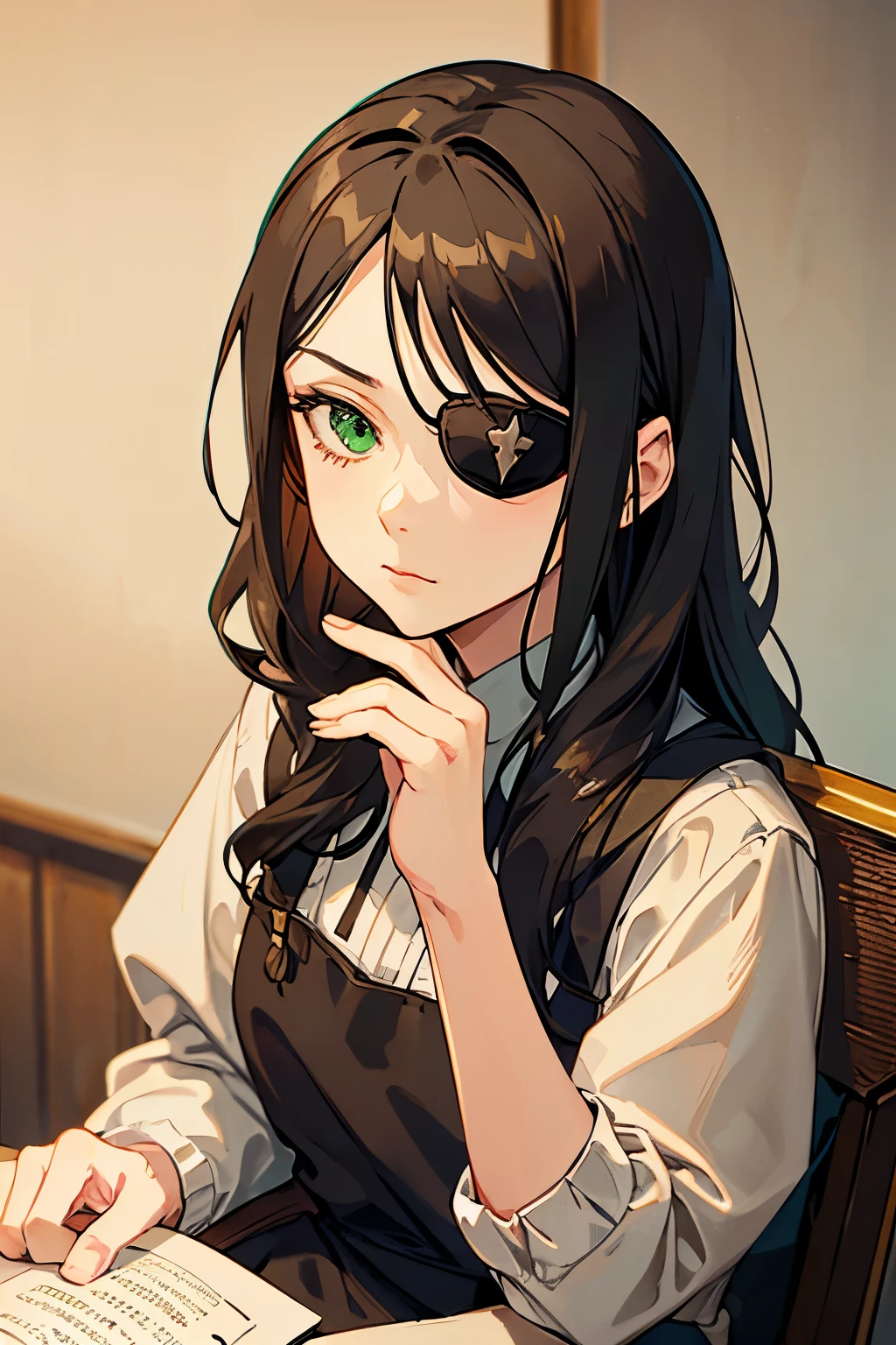 best quality, masterpiece, 1girl, mature, old woman, solo, green eyes, eye bag, old, aged woman, brunette hair, side part, medium hair, long hair, apron, sitting, upper body, mugshot, eyepatch, close up, looking at viewer, formal picture