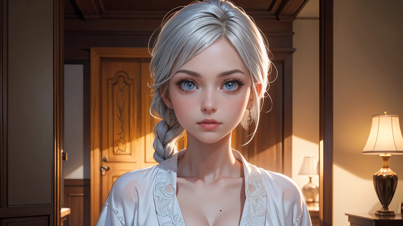 (best quality, masterpiece:1.2), ultra high res, realistic, front lighting, intricate detail, Exquisite details and textures, 1girl, solo ,(young), face highlight, upper body, detailed face, tear mole, white skin, silver hair, ponytail, braid hair, looking at viewer, big eyes, silk robe, (hollow pattern, white, silk), earrings, small breasts, slim body, luxury room, professional lighting, photon mapping, radiosity, physically-based rendering,