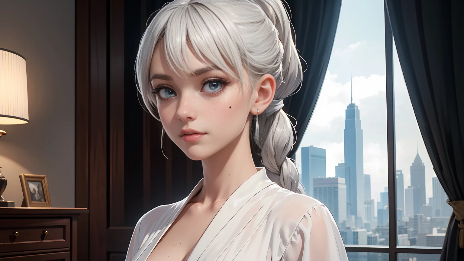 (best quality, masterpiece:1.2), ultra high res, realistic, front lighting, intricate detail, Exquisite details and textures, 1girl, solo ,(young), face highlight, upper body, detailed face, tear mole, white skin, silver hair, ponytail, braid hair, looking at viewer, big eyes, silk robe, (hollow pattern, white, silk), earrings, small breasts, slim body, luxury room, professional lighting, photon mapping, radiosity, physically-based rendering,