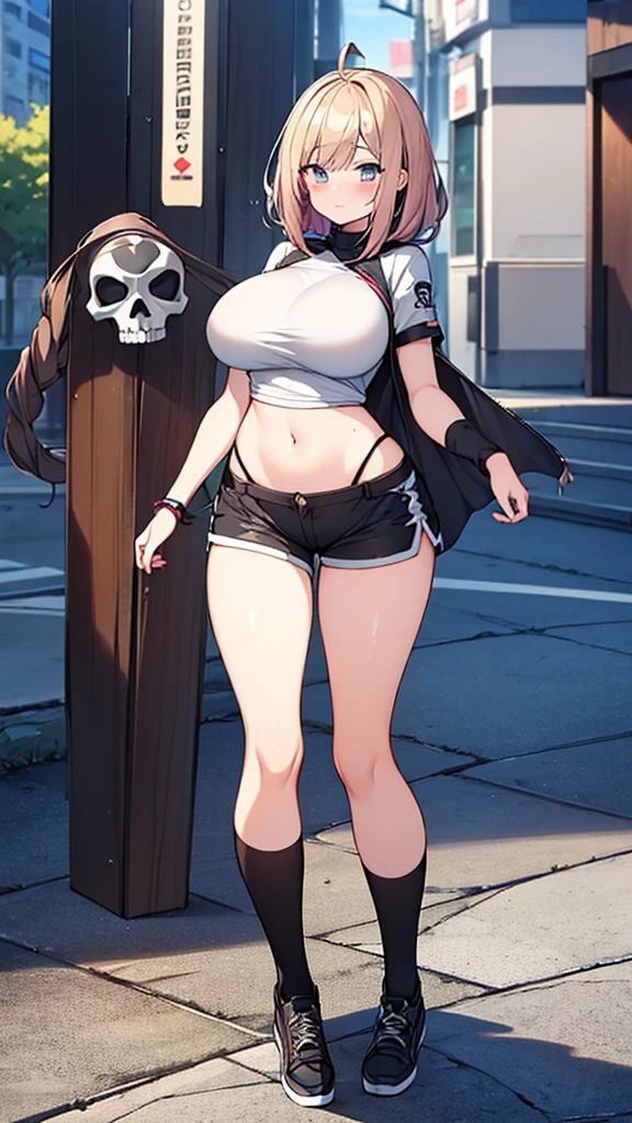 Full body image, front, One girl, 18-year-old, Mix 4, (32K, RAW Photos, Highest quality, masterpiece:1.2), (Anime-like, photoAnime-like:1.37), cute, Short sleeve T-shirt,Shorts,Black knee socks, night, rain, Humidity, Professional Lighting, Photon Mapping, Radio City, Physically Based Rendering, Super Resolution, (Big Breasts:1.2), {{The biological weapon that had preyed on the younger sister took her place and reunited with the older brother, The rebellious little sister has become the obedient little sister}}, Girl Skull, whole body, NSFW