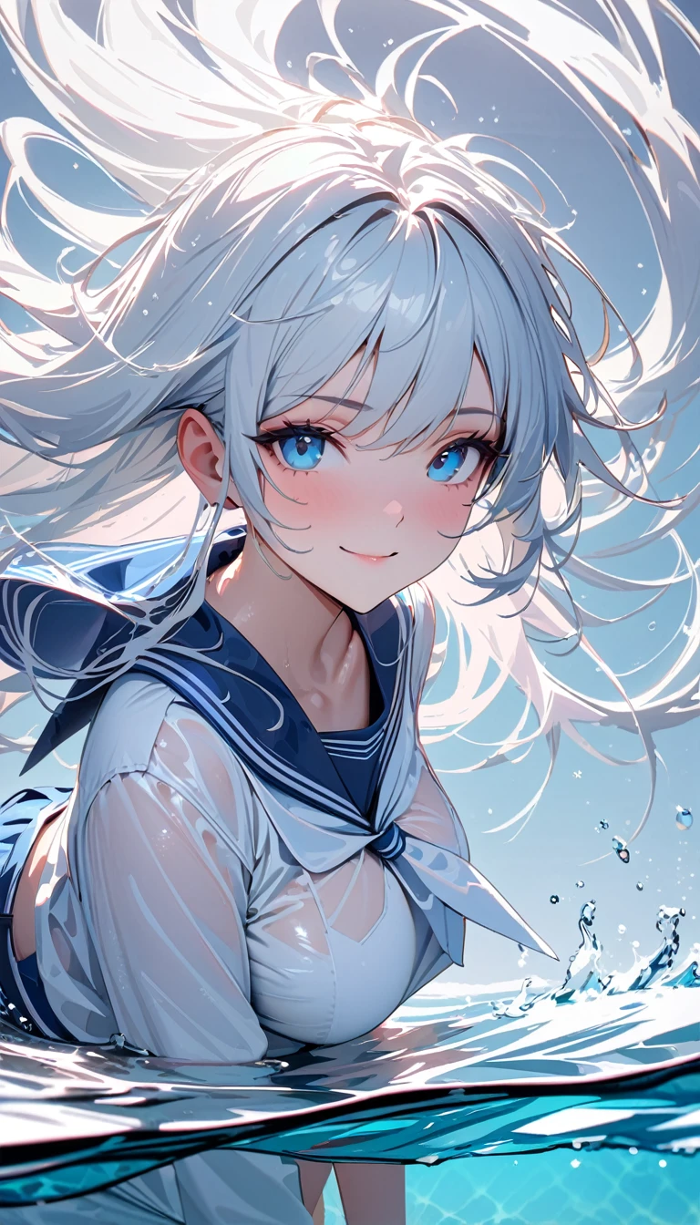 (see-through:1.3),white serafuku,sailor dress, white theme,, sailor suit, looking at viewer,  insanity, messy long hair, beautif ul detailed eyes,Hair glows,dramatic angle,blue sailor collar, perky breasts,light smil e,partially underwater shot...is gojo saturo 