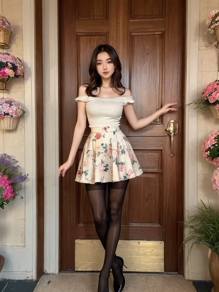 ((masterpiece)),(((Highest quality))),Thin thighs,Long legs,whole body:1.5，(One Girl:1.3),(Black pantyhose and thick pointy heels：1.3),(Wearing a floral mini flare skirt dress:1.2),Short Blonde:1.2、Model pose，high waist:1.5、