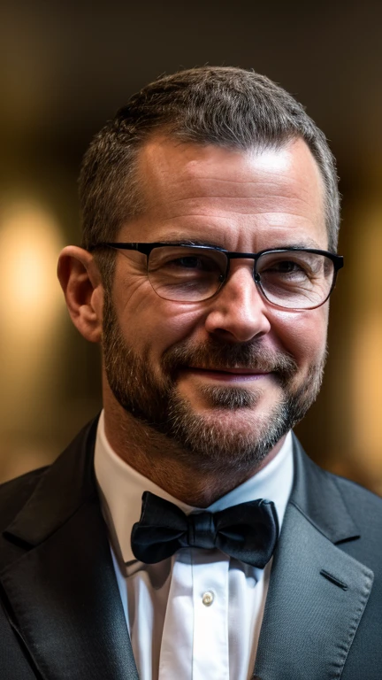 An award-winning original photo，A wild muscular man, (40 years old daddy:1.1), 1boy, Solo, (black suit), (white dress shirt), (red print necktie), black trouser, (big shoulders), musculature, stubbles, Short beard, (Detailed body), wearing glasses, slight smirk, Dynamic Angle, volumetric lighting, (Best quality, A high resolution, Photorealistic), Cinematic lighting, Masterpiece, RAW photo, Intricate details, hdr, depth of field, upper body shot, (realistic:1.2)