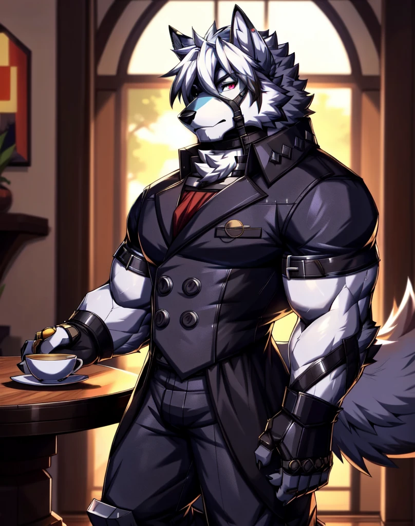 solo, anthro, furry, furry male, wolf, ((fluffy fur, fluffy, furry body)), (wolf print), red eyes, hair tuft, long hair, (light blue body, blue body, lean muscles), wolf tail, ((white hair,)), (white muzzle, white forearms), leg raised, pocket watch, gold pocket watch, pocket watch in hand, face straps, butler uniform, black metal prosthetic legs detailed fluffy fur, detailed face, detailed eyes, smaller arms (full body, round ass, fluffy ass,), cyberpunk, valorant,(by DRKS, masterpiece, high quality,hi res,8k hd), close-view portrait, looking at viewer, indoors, fancy manor, fancy tea party cute face, standing next to table, serious expression, camera view angled from above, heavy shadows, lean build, full body,