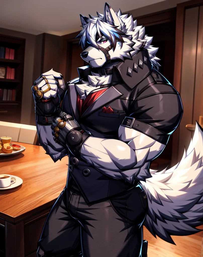 solo, anthro, furry, furry male, wolf, ((fluffy fur, fluffy, furry body)), (wolf print), red eyes, hair tuft, long hair, (light blue body, blue body, lean muscles), wolf tail, ((white hair,)), (white muzzle, white forearms), leg raised, pocket watch, gold pocket watch, pocket watch in hand, face straps, butler uniform, black metal prosthetic legs detailed fluffy fur, detailed face, detailed eyes, smaller arms (full body, round ass, fluffy ass,), cyberpunk, valorant,(by DRKS, masterpiece, high quality,hi res,8k hd), close-view portrait, looking at viewer, indoors, fancy manor, fancy tea party cute face, standing next to table, serious expression, camera view angled from above, heavy shadows, lean build, full body,