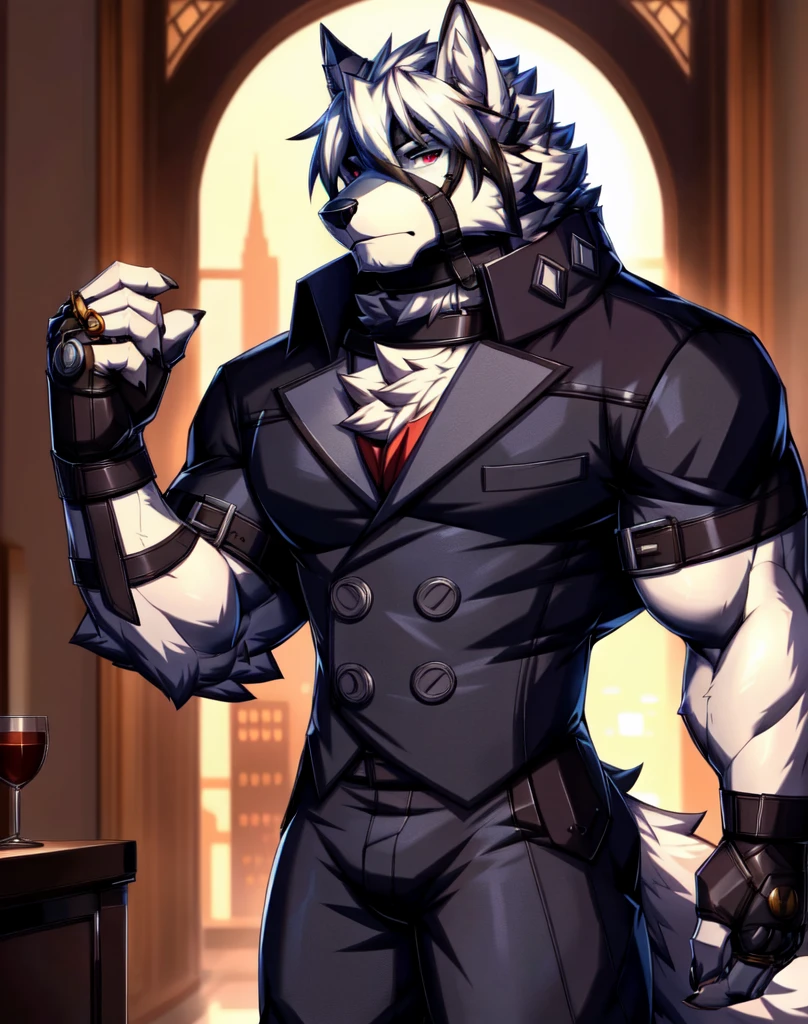 solo, anthro, furry, furry male, wolf, ((fluffy fur, fluffy, furry body)), (wolf print), red eyes, hair tuft, long hair, (light blue body, blue body, lean muscles), wolf tail, ((white hair,)), (white muzzle, white forearms), leg raised, pocket watch, gold pocket watch, pocket watch in hand, face straps, butler uniform, black metal prosthetic legs detailed fluffy fur, detailed face, detailed eyes, smaller arms (full body, round ass, fluffy ass,), cyberpunk, valorant,(by DRKS, masterpiece, high quality,hi res,8k hd), close-view portrait, looking at viewer, indoors, fancy manor, fancy tea party cute face, standing next to table, serious expression, camera view angled from above, heavy shadows, lean build, full body,