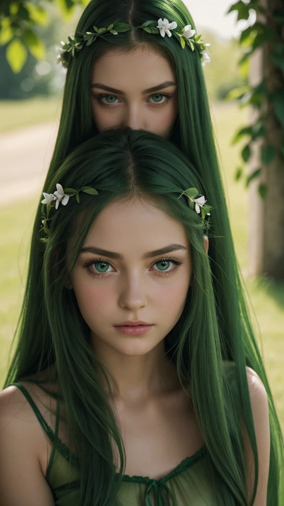 a girl. face sent feeling. Europe. Oval face. long face. delicate facial features. seductively seductive. Beautifully detailed eyes. green eyes. long straight hair. green hair. wreath on head. Sad. shy. green silk nightgown. shy sitting posture. straight face. outdoor