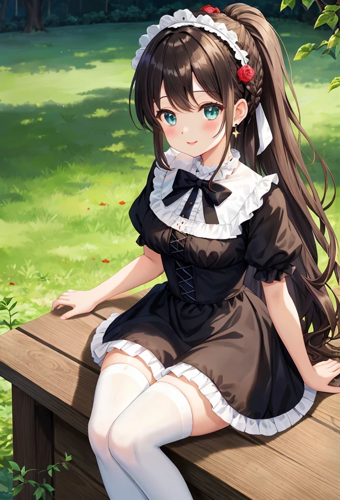 A beautiful girl in a black dress sitting on a wooden platform, anime girl, rose garden, beautiful and sunny day, black lolita dress with lots of ruffles, floral print dress, short sleeve, lolita choker, low-cut chest, big round breasts, white lace thigh-high stockings, black lolita shoes, dark brown hair, gradient bangs, french braid, long hair, ponytail, wavy hair, swept bangs, shiny hair, hairclip, hair ribbon, hair flower, jewelry, lolita hairband, aqua eyes, glowing eyes, pupils sparkling, earrings, light smile, blush, happy, red lips, slim waist, shapely legs, beautiful thighs, princess dress, short skirt, high detail, anime, dithering, image fill, perspective, Wide-Angle, f/1.8, 85mm, Sony FE GM, 8k, 8k wallpaper, super detail, highly detailed CG, UHD, retina, masterpiece, accurate, anatomically correct, textured skin, highres, best quality:1.3, 16k
