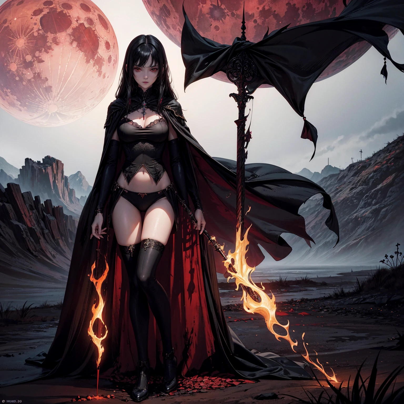 best quality, 4K, high resolution, masterpiece:1.2, Very detailed, actual:1.37, Mood lighting, Girl in a long cape, Wearing a reflective rubber bra and a pair of knee-high stockings, Exposes the navel, Aloofness emotion, Black Hair, Standing, Facing to the camera, Crucified, Pitch black sky, Blood-red moon, strange atmosphere, Gothic style, Unforgettable beauty, Dramatic shadows, Ethereal Light, Mysterious atmosphere.