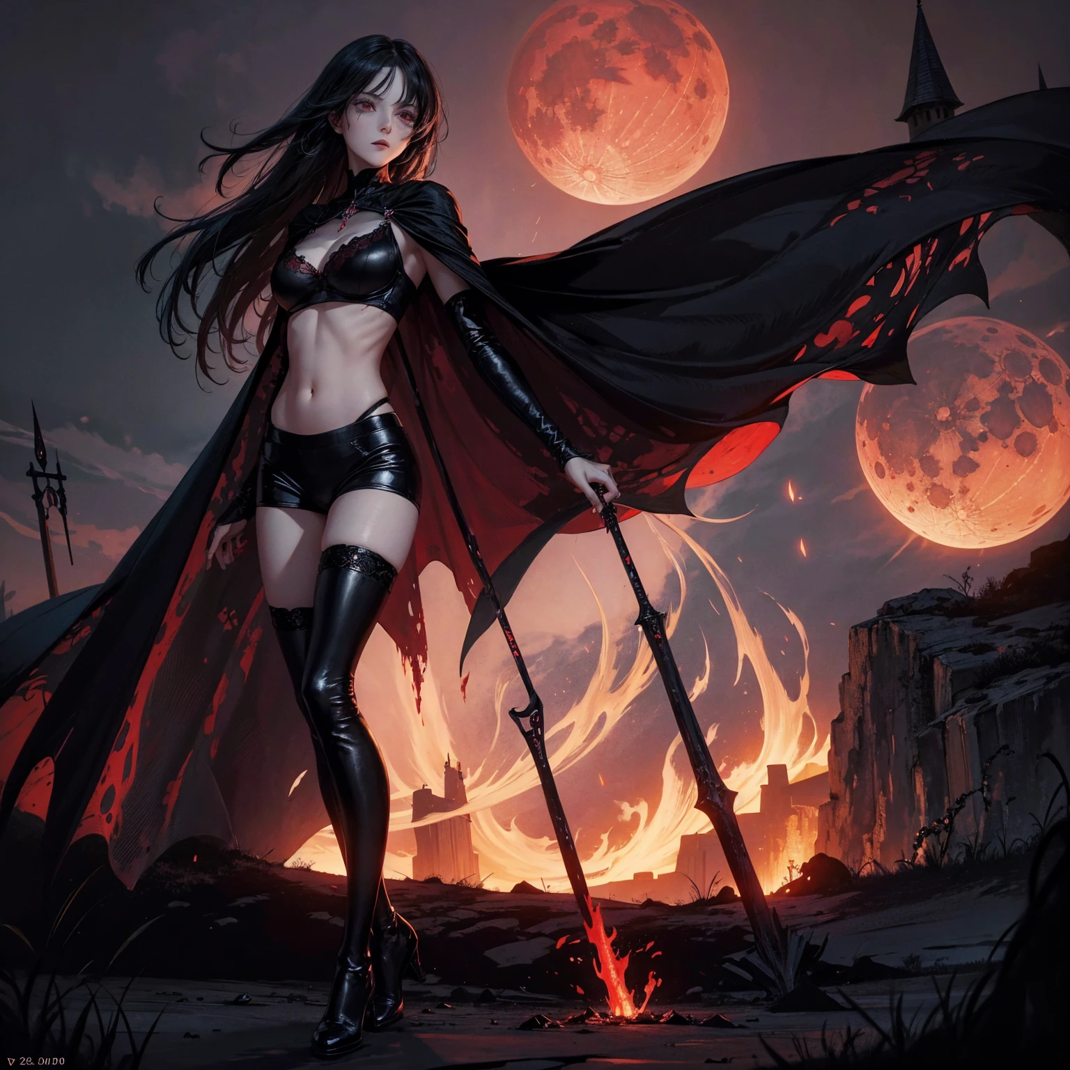 best quality, 4K, high resolution, masterpiece:1.2, Very detailed, actual:1.37, Mood lighting, Girl in a long cape, Wearing a reflective rubber bra and a pair of knee-high stockings, Exposes the navel, Aloofness emotion, Black Hair, Standing, Facing to the camera, Crucified, Pitch black sky, Blood-red moon, strange atmosphere, Gothic style, Unforgettable beauty, Dramatic shadows, Ethereal Light, Mysterious atmosphere.