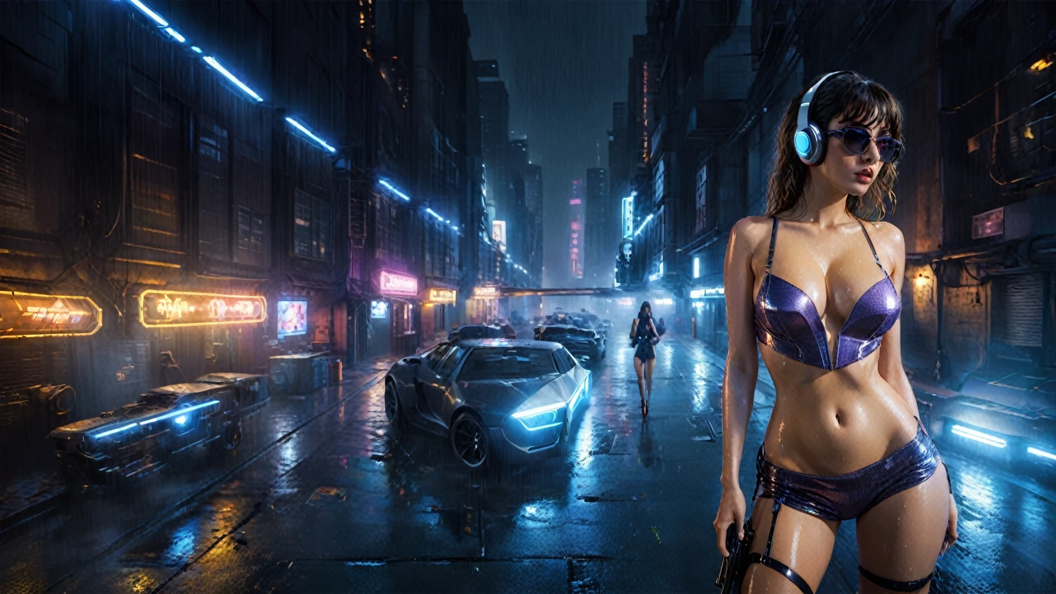 (((aerial view))), (flying cars docking platform), Blade Runner style futuristic city alley, neon lights, rainy night. (1girl, solo, alone), large-breast:1.2 slim body, cleavage:1.1, sexy wind blowing wet dress:1.4, headphone, (black sunglasses), (((she raised a pistol:1.8 and shot:1.8 the viewer))), dynamic pose, (((half-body thigh level medium shot))), cinematic lighting, lens flare, ray tracing, zoom-in blurred:1.4 background.