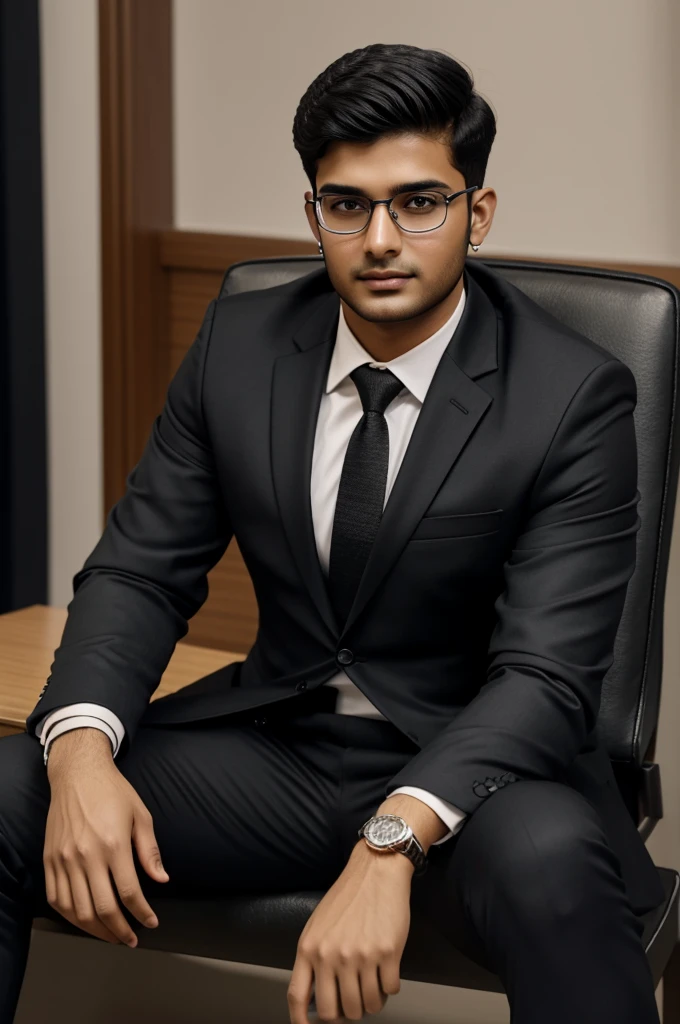 Illustrate a 3d professional image of a young 22 years old man Name "TUFAIL KHAN" written on it. Sitting on the Logo of Whatsapp Farhan Aftab wear a Neat black suit and has a earphone on and wearing a cute glasses photo realistic hd