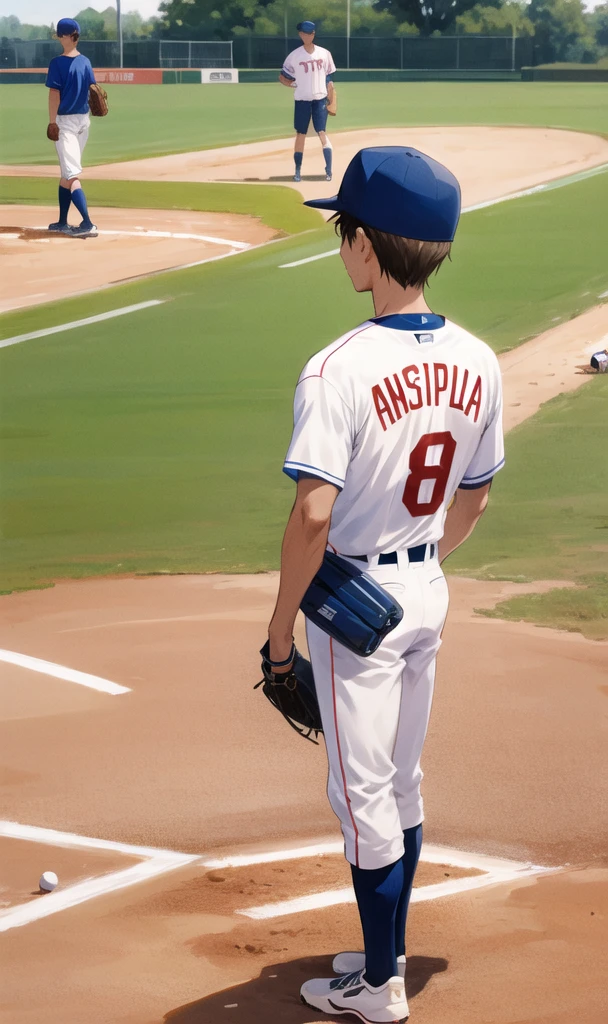 Five people praise one boy at the baseball field