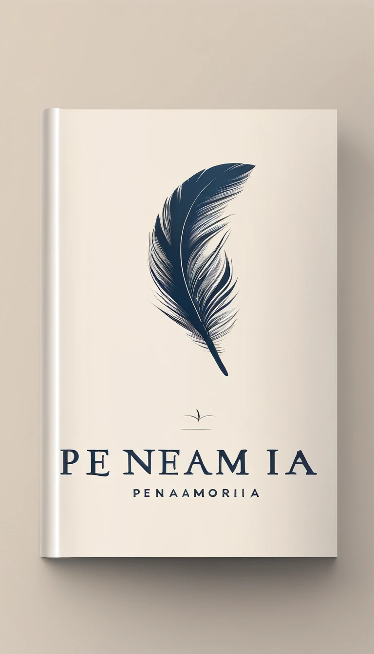 A minimal, modern, simple, cinematic logotype for the brand “Penamemoria". The logotype must be a simple, magical feather. The logo must convey a sense of music, stories and dreams. Logo design impressed on a book cover. Minimalistic logo