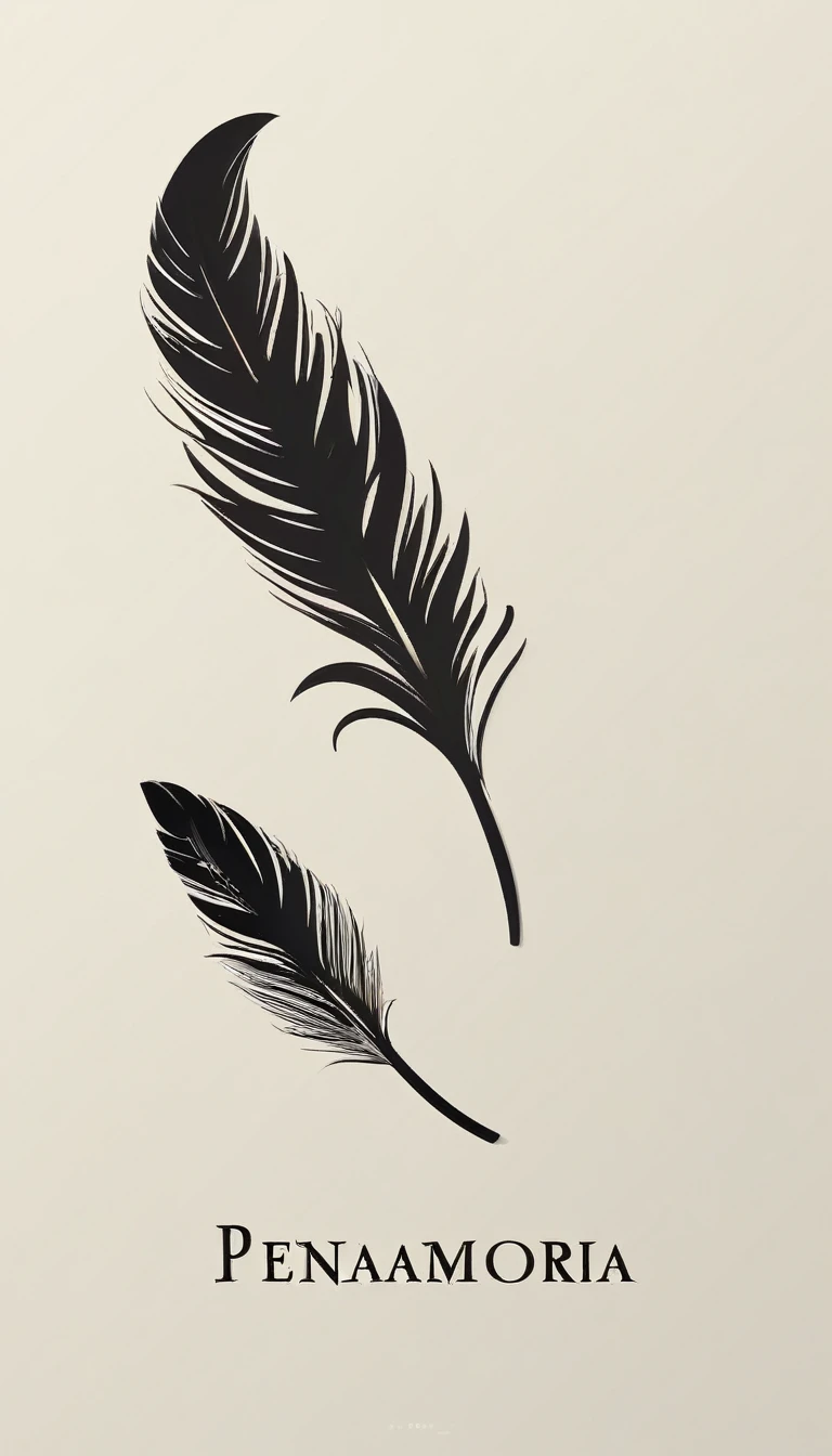 A minimal, modern, simple, cinematic logotype for the brand “Penamemoria". The logotype must be a simple, magical feather. The logo must convey a sense of music, stories and dreams. Logo design impressed on a book cover. Minimalistic logo