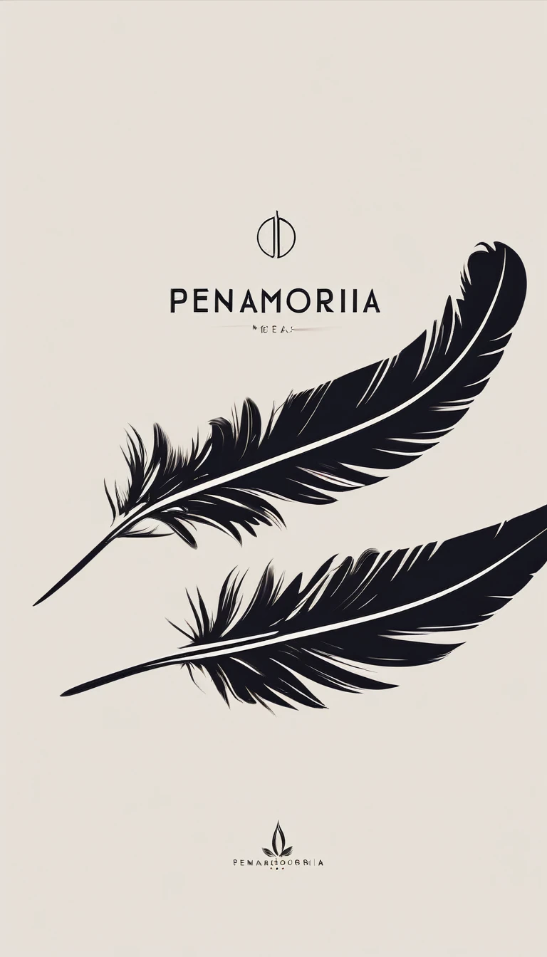A minimal, modern, simple, cinematic logotype for the brand “Penamemoria". The logotype must be a simple, magical feather. The logo must convey a sense of music, stories and dreams. Logo design impressed on a book cover. Minimalistic logo