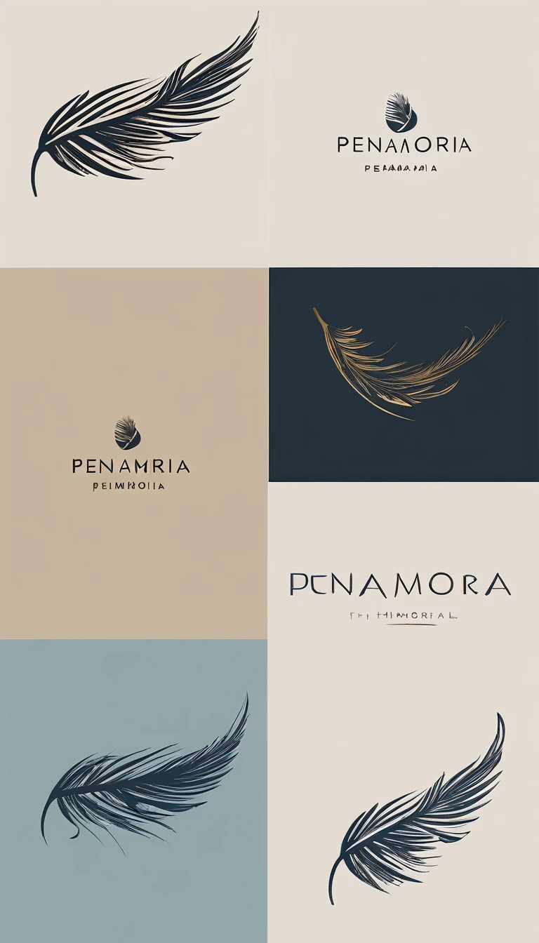 A minimal, modern, simple, cinematic logotype for the brand “Penamemoria". The logotype must be a simple, magical feather. The logo must convey a sense of music, stories and dreams. Logo design impressed on a book cover. Minimalistic logo
