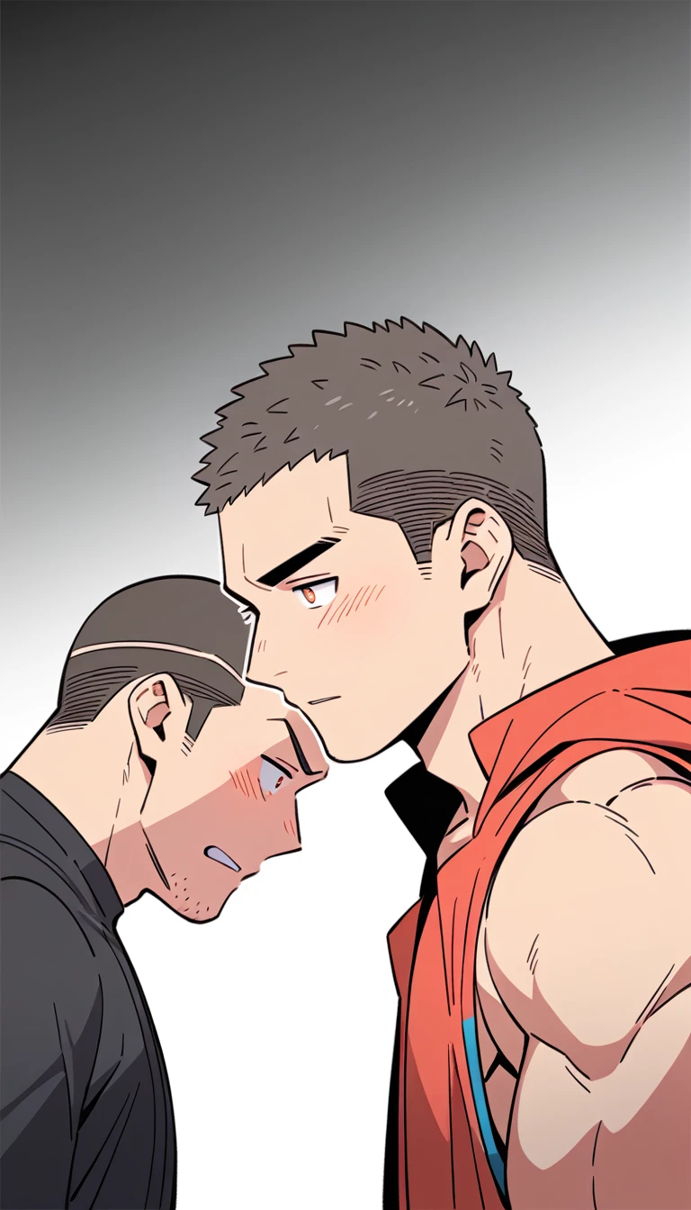 negative space, anime characters：Priapus, Muscle Sports Student, Buzz Cut, Manliness, male focus, Sports tight hooded sweatshirt, Very tight, full and perky chest muscles, muscular male, muscular, only, Upper body, alone, Red short hair, Thick eyebrows, stubble, Brown-red pupils, White background, simple background, amazing quality, best aesthetics, Ridiculous, crew cut, parted lips, blush, , despair, frustrated, negative space, negative space, best quality