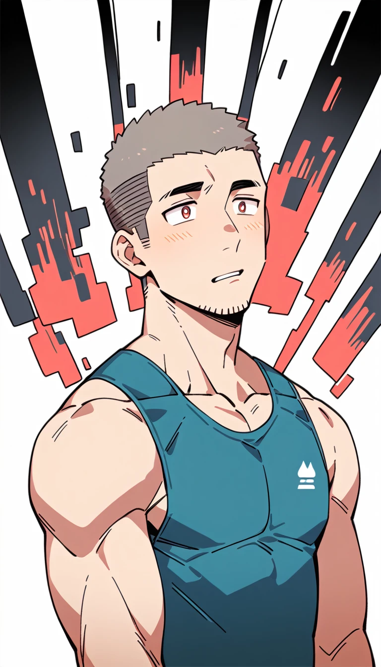 negative space, anime characters：Priapus, Muscle Sports Student, Buzz Cut, Manliness, male focus, Sports tight hooded sweatshirt, Very tight, full and perky chest muscles, muscular male, muscular, only, Upper body, alone, Red short hair, Thick eyebrows, stubble, Brown-red pupils, White background, simple background, amazing quality, best aesthetics, Ridiculous, crew cut, parted lips, blush, , despair, frustrated, negative space, negative space, best quality