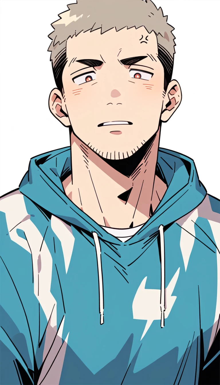 negative space, anime characters：Priapus, Muscle Sports Student, Buzz Cut, Manliness, male focus, Sports tight hooded sweatshirt, Very tight, full and perky chest muscles, muscular male, muscular, only, Upper body, alone, Red short hair, Thick eyebrows, stubble, Brown-red pupils, White background, simple background, amazing quality, best aesthetics, Ridiculous, crew cut, parted lips, blush, , despair, frustrated, negative space, negative space, best quality