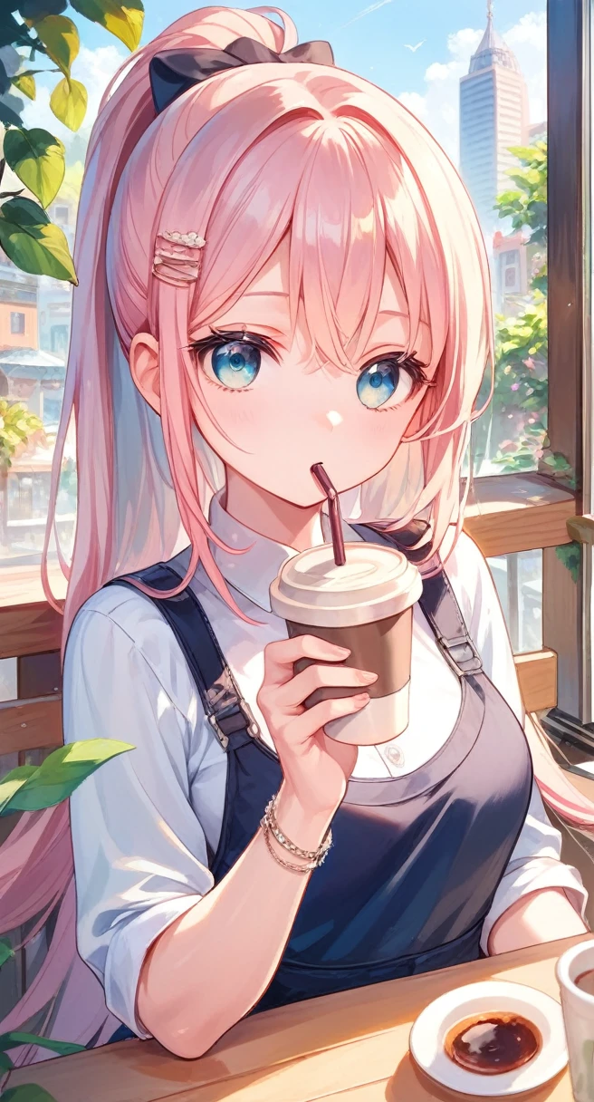 Beautiful girl drinking coffee at a city cafe