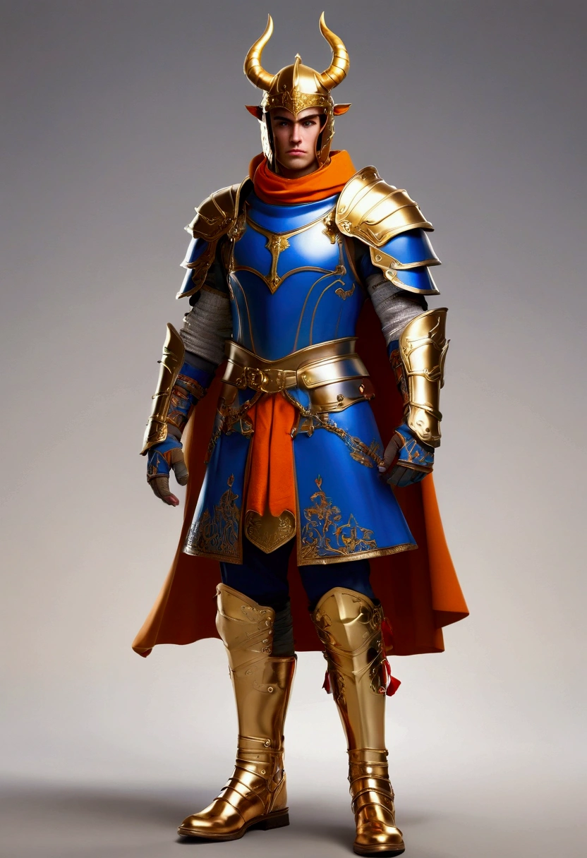 A character inspired by medieval fantasy with a heroic appearance. The character is a young warrior dressed in a blue and orange outfit. The outfit includes a blue helmet with golden horns, red gloves, and boots. He wears a blue armored chest plate with golden trims, and a red cape flows behind him, attached to his shoulders with golden clasps. The character's pants are orange and tucked into white boots with golden accents. He has a serious and determined expression, and the overall design reflects a mix of classic knightly armor with a touch of fantasy elements.