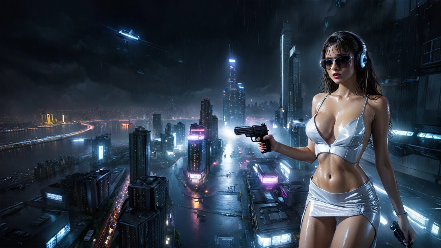 (((aerial view))), (flying cars docking platform), Blade Runner style futuristic city alley, neon lights, rainy night. (1girl, solo, alone), large-breast:1.2 slim body, cleavage:1.1, sexy wind blowing wet dress:1.4, headphone, (black sunglasses), (((she raised a pistol:1.8 and shot:1.8 the viewer))), dynamic pose, (((half-body thigh level medium shot))), cinematic lighting, lens flare, ray tracing, zoom-in blurred:1.4 background.