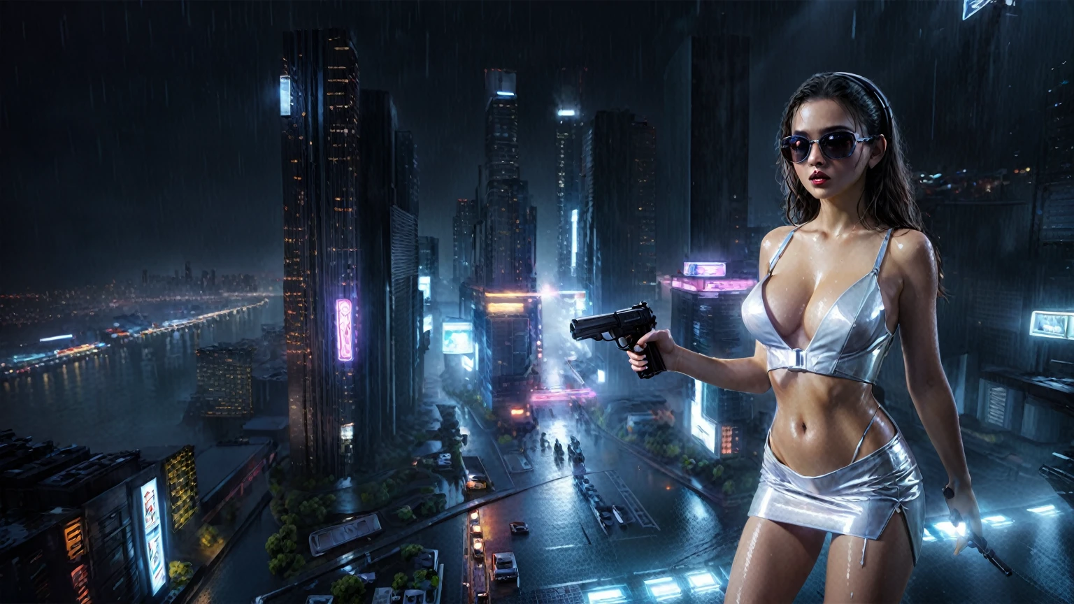 (((aerial view))), (flying cars docking platform), Blade Runner style futuristic city alley, neon lights, rainy night. (1girl, solo, alone), large-breast:1.2 slim body, cleavage:1.1, sexy wind blowing wet dress:1.4, headphone, (black sunglasses), (((she raised a pistol:1.8 and shot:1.8 the viewer))), dynamic pose, (((half-body thigh level medium shot))), cinematic lighting, lens flare, ray tracing, zoom-in blurred:1.4 background.