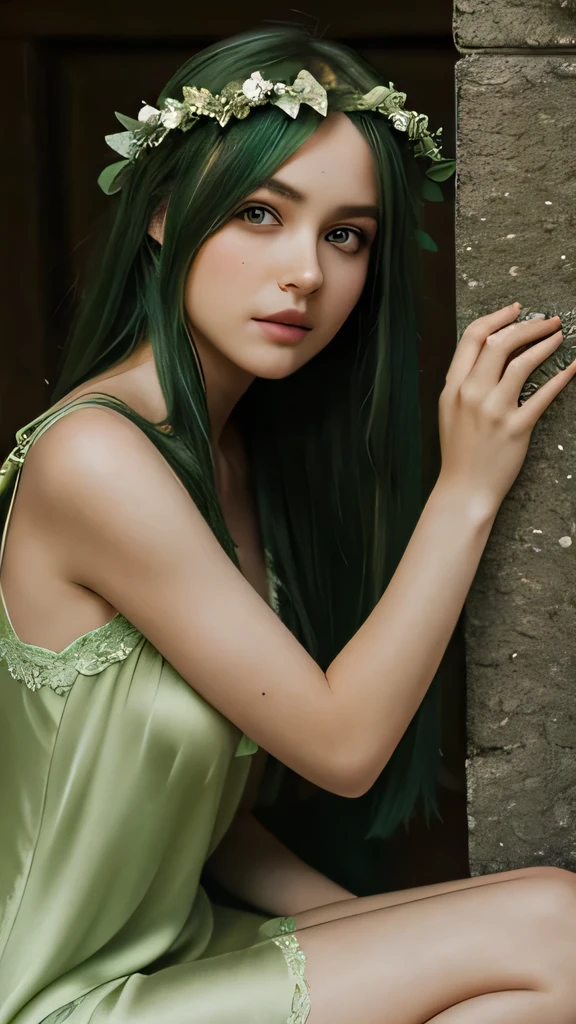 a girl. the face sends feeling. Europe. Oval face. long face. delicate facial features. eyes are dull. seductively seductive. long straight hair. green hair. wreath on head. very sad expression. green silk halter dress. straight face. in the flower field