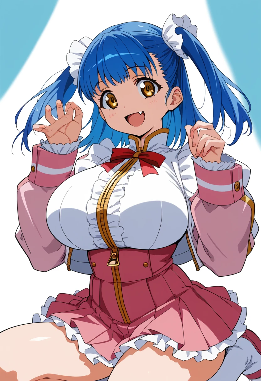 (Tuile(gravion),huge breasts,blue hair,yerrow eyes,twintail,two side up),(tuck out,white jacket,white frill,red ribbon,red waist ribbon,gold zipper,gold bottun,pink mini skirt,Pink sleeves,Pink Shoes、white frill wrist,White socks),smile,open mouth,fang