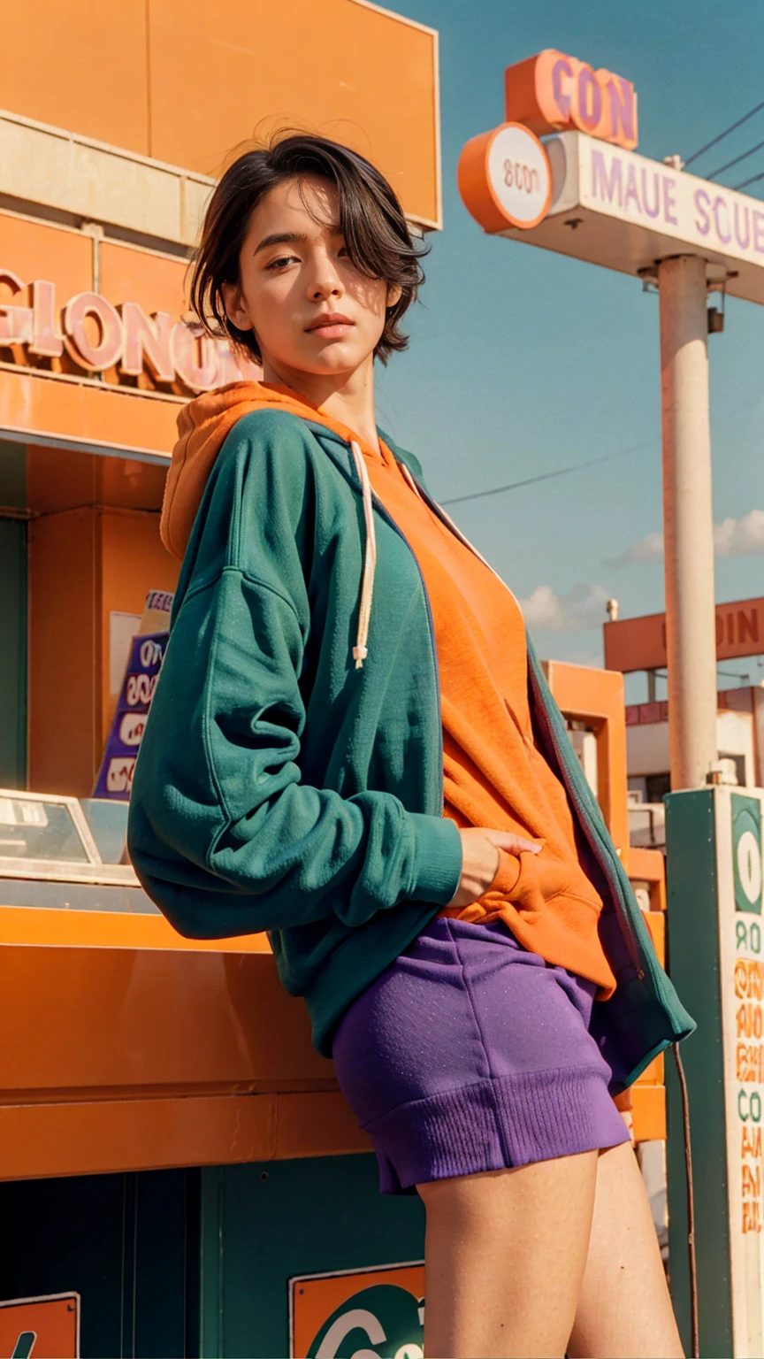8K photo cinematic photograph long shot portraits by Wes Anderson, cute 23 yo girl ,fokus, bokeh ,wear ((orange color oversized_hoodie)), wear ((purple tennis skirt)),looking front,Best Quality,Masterpiece,Ultra High Resolution,(Realisticity:1.4),Original Photo, 1Girl, light leak,ultra high resolution,UHD,beautiful, (black bob hair), almond eye, no makeup, in front of ((80's red blue green gas station)), (realistic:1.2), (surreal:1.3), (very detailed:1.1), ((masterpiece)),summer, blue sky, palm trees,sunny, los angles vibes,film camera, 800mm lens,style of Philip Lorca diCorcia