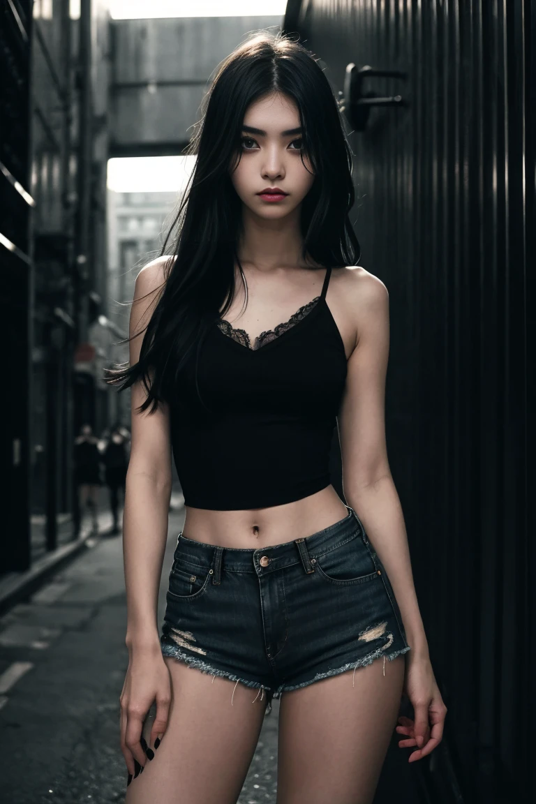 a beautiful 18 year old slim and sexy woman, emo girl, black dress, denim shorts, detailed face, long eyelashes, intricate makeup, moody expression, dark aesthetic, dramatic lighting, cinematic composition, muted color palette, dramatic shadows, grungy urban environment