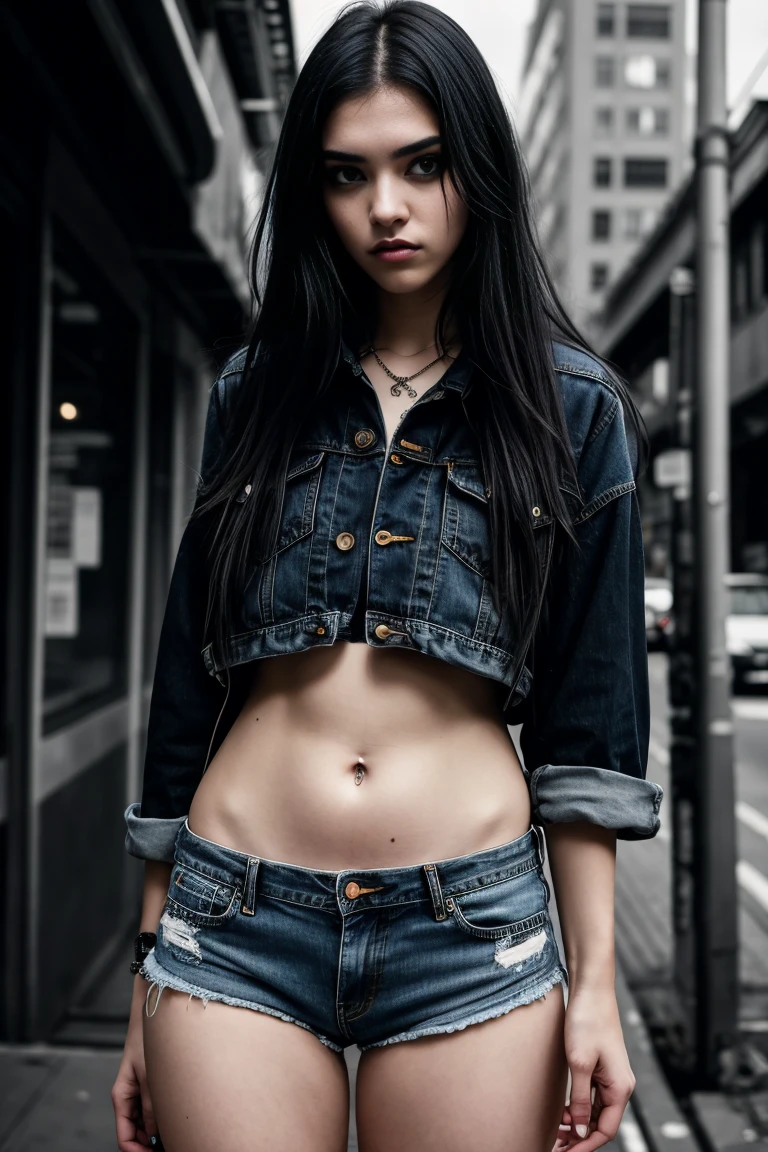 a beautiful 18 year old slim and sexy woman, emo girl, black dress, denim shorts, detailed face, long eyelashes, intricate makeup, moody expression, cinematic composition, grungy urban environment