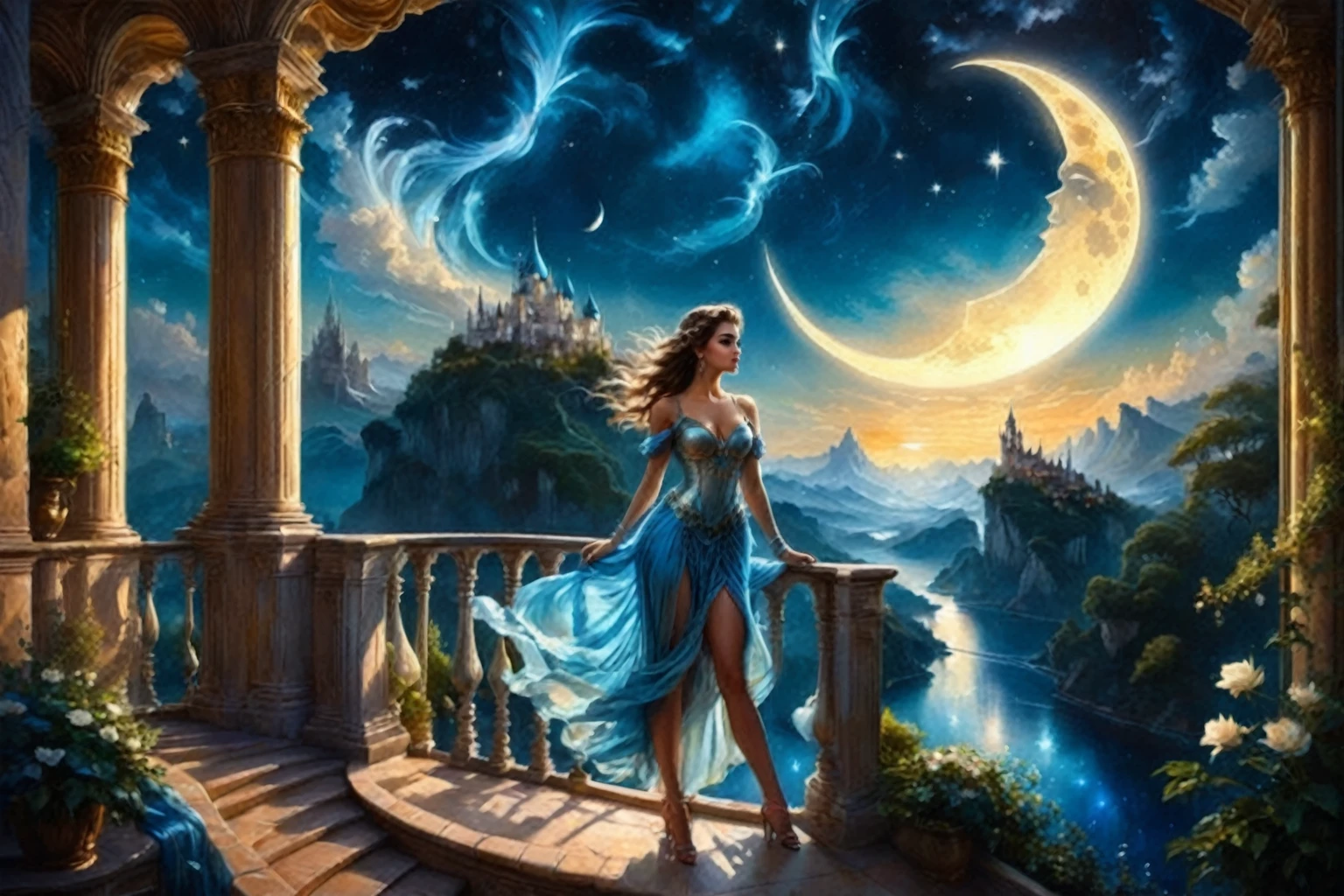 a woman in a blue dress standing on a balcony looking at the moon, beautiful fantasy art, very beautiful fantasy art, beautiful fantasy painting, fantasy woman, breathtaking fantasy art, fantasy painting hd, hd fantasy art, fantasy beautiful, fantasy art, detailed fantasy art, beautiful detailed fantasy, realistic fantasy painting, fantasy painting, detailed fantasy digital art, fantasy art style
