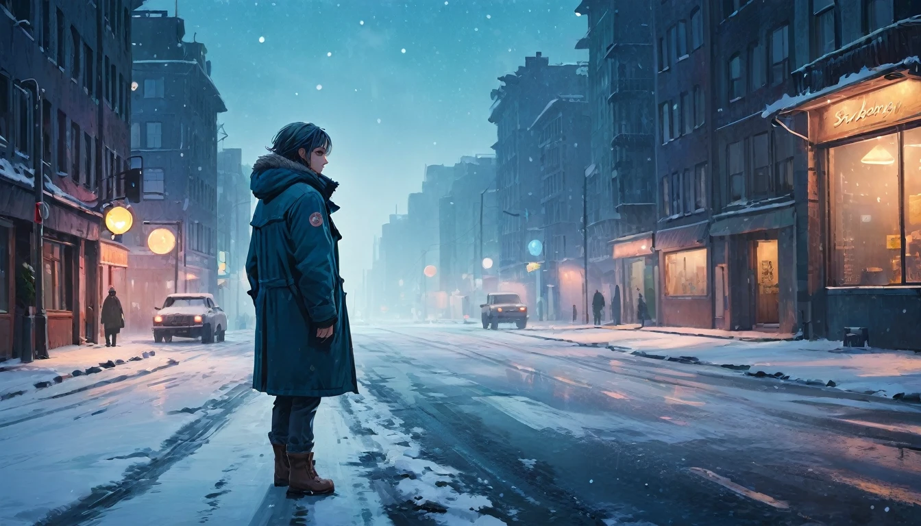 side angle shot of a person standing on a snowy road in the city, expansive, long shot, aesthetic photography, low brightness, dim, blue color pallette, snow particles, bokeh, wallpaper, highest quality, masterpiece, high definition painterly textures, inspired by artstation art and Simon Stalenhag's oil paint artstyle. Somber, highly detailed, absolutely breathtaking, dynamic angle, dutch angle, 

