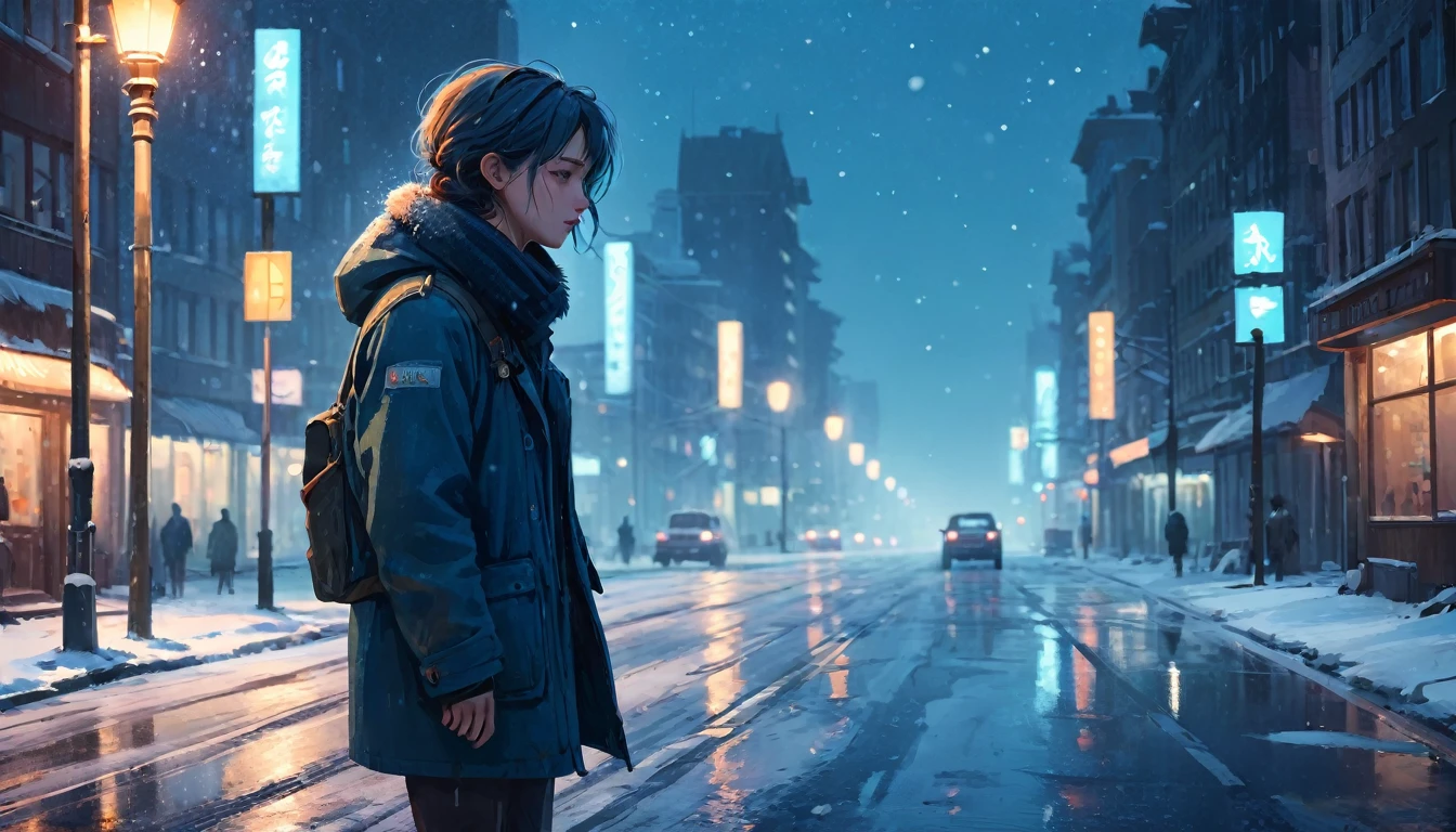 side angle shot of a person standing on a snowy road in the city, expansive, long shot, aesthetic photography, low brightness, dim, blue color pallette, snow particles, bokeh, wallpaper, highest quality, masterpiece, high definition painterly textures, inspired by artstation art and Simon Stalenhag's oil paint artstyle. Somber, highly detailed, absolutely breathtaking, dynamic angle, dutch angle, 
