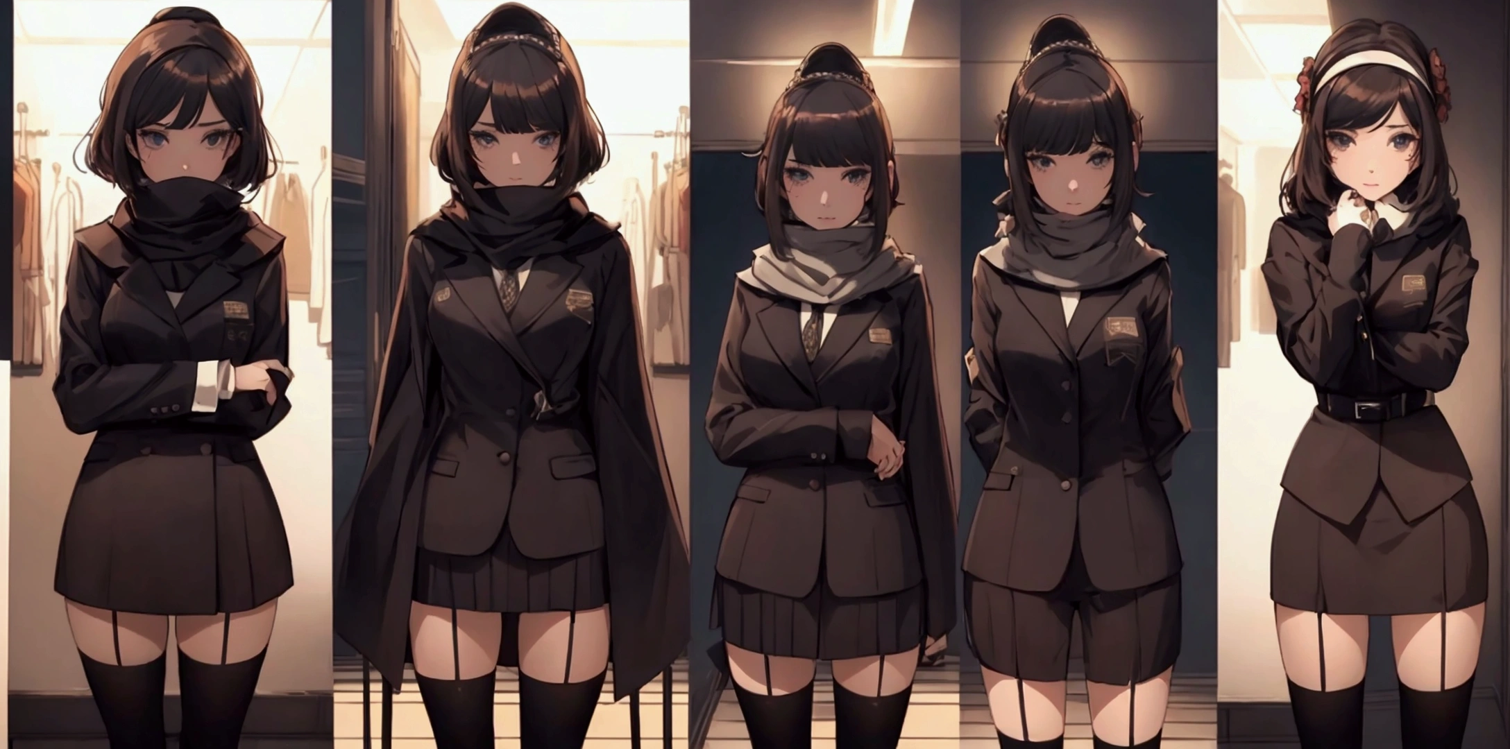 masterpiece), best quality, high resolution 3girl bob cut medium hair standing alone cowl headband profile image looking at viewer beautiful eyes beautiful face extremely detailed