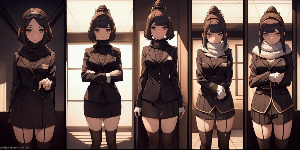 masterpiece), best quality, high resolution 3girl bob cut medium hair standing alone cowl headband profile image looking at viewer beautiful eyes beautiful face extremely detailed