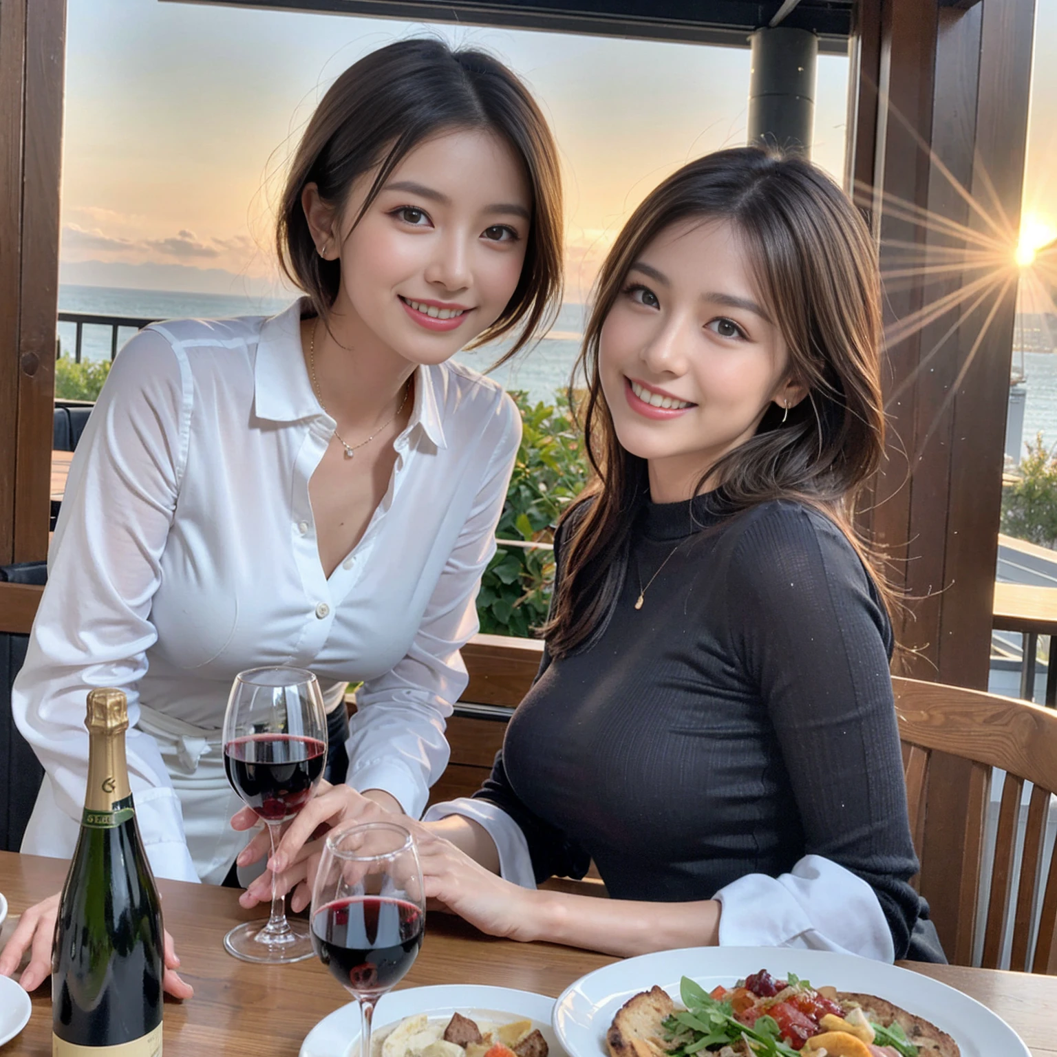 ((Highest quality、8k、masterpiece:1.3))、slimカップル、modelカップル、(Realistic, Intricate details:1.2), full-course dinner、Wine Party、Amazing view of the sunset sky and clouds、A bright smile、The wonderfulness of smile、Bright image、The beauty of wine, Beautiful Face, blue eyes, The light shines on your face, blush, short hair,Bright Face、 (Age 37), 39 years old, red wine 、Appetizers、Italian food、Wine bottle、Champagne、sparkling wine、Two beauties、Brown Hair、Shortcuts、Long sleeve shirt、dress、Beautiful woman 1, (slimな顔), (The body is slim), (Brown Hair), (Shortcuts), cheeks turn a little red,Attractive beauty、restaurant, In a prominent place (From the waist up) Nova Frog Style, actress, model, Upper Body, White wine, slim, wine glass, 中央に置かれたwine glass, smile, (smile: 1.15), Beautiful fine grain, Depth f/2,saturation, High Contrast, Strong light and shadow,Moist Body:1.5、3D texture、Delicate eyes、Brown Hair、The hair is very shiny、