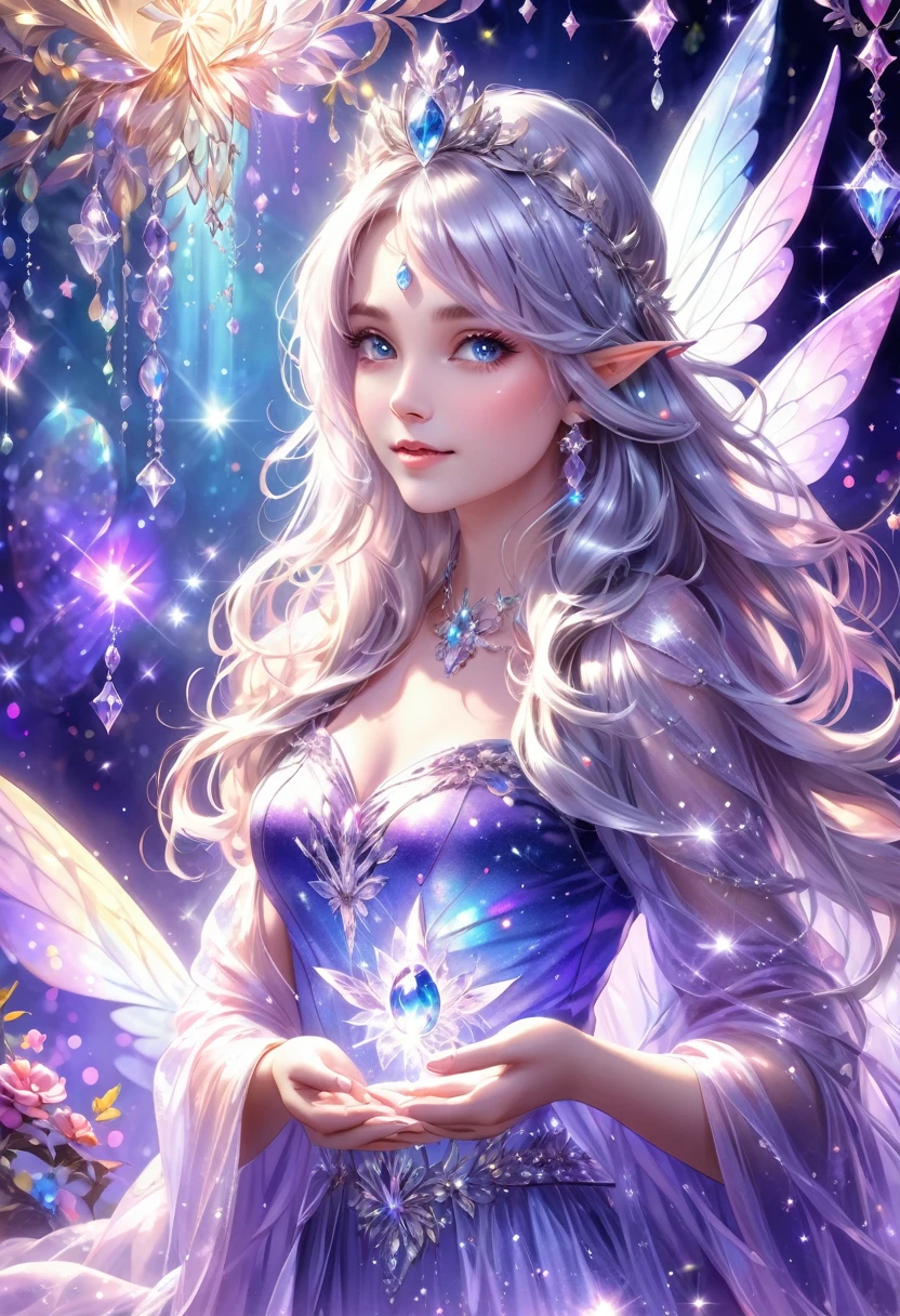 A beautiful fairy girl with long silver hair, jeweled wings, a jeweled tiara on her head, wearing sparkling fairy clothes, holding a large jewel in front of her chest, a delicate and fantastical background, sparkling hair, fantastical, 1 person