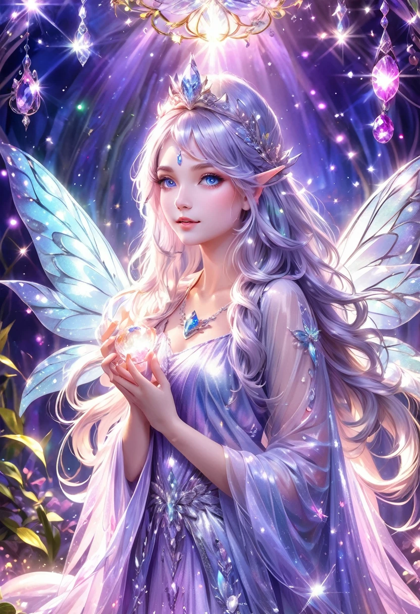 A beautiful fairy girl with long silver hair, jeweled wings, a jeweled tiara on her head, wearing sparkling fairy clothes, holding a large jewel in front of her chest, a delicate and fantastical background, sparkling hair, fantastical, 1 person