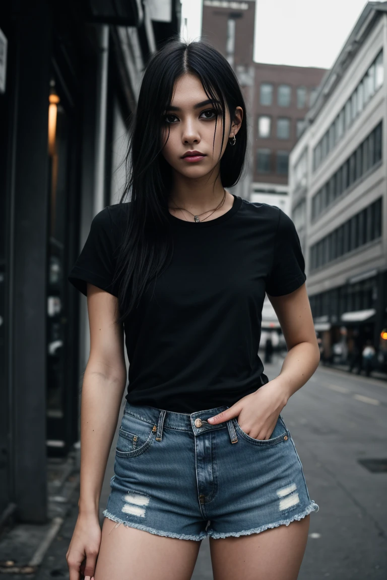 a beautiful 18 year old slim and sexy woman, emo girl, black short sleeve dress, denim shorts, detailed face, long eyelashes, intricate makeup, moody expression, cinematic composition, grungy urban environment