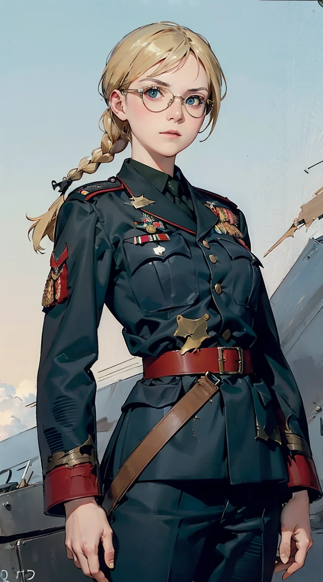 Modest outfit, remote shot, detailed beautiful delicate face, detailed beautiful delicate eyes, perfect facial proportions, high-definition skin, fine skin, four-inch best ratio. With one thumb, a masterpiece, highly detailed, realistic, (World War II German general uniform reference : 1.8), the highest face resolution, adult, modestly dressed woman, dressed entirely, ( small, black hair, black straight bangs, super fine braids, straight bangs, red glasses, dark green eyes), future, science fiction, fighter plane, standing On the landing of a fighter plane, the government agency, a deep intelligent personality, a calm expression, a respectful face, a war, a fighter plane  (La mejor calidad:1.1), (Obra maestra:1.4), (absurdos:1.0), retrato, primer plano,1girl, Marinero Urano, KizukiAi, Mujer madura, small , aqua eyes, cabello rubio, Uniforme Sailor Senshi, Collar de marinero, arco de pecho, Arco trasero, Falda suplicante, Guantes blancos de codo, Acostado boca abajo, en el suelo, con el trasero en alto, mostrando el culo de espaldas, without looking back　masterpiece, Nikke, goddess of victory character, (battle android model), female character android, (wearing jacked with straps, cargo pants, military vest), (holding weapon), action pose, battle damage, (visible (damaged:1.5) electrical (android parts:1.3)), (wallpaper, screensaver)