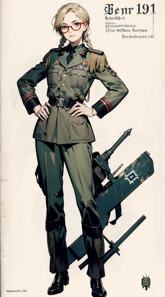 masterpiece, Nikke, goddess of victory character, (battle android model), female character android, (wearing jacked with straps, cargo pants, military vest), (holding weapon), action pose, battle damage, (visible (damaged:1.5) electrical (android parts:1.3)), (wallpaper, screensaver) Drawing Lessons, beste-Qualit, Poses, Correct anatomy,Sketch Beech, Epic Poses, The clothes, pencil, Drawing, Modest outfit, remote shot, detailed beautiful delicate face, detailed beautiful delicate eyes, perfect facial proportions, high-definition skin, fine skin, four-inch best ratio. With one thumb, a masterpiece, highly detailed, realistic, (World War II German general uniform reference : 1.8), the highest face resolution, adult, modestly dressed woman, dressed entirely, ( small, black hair, black straight bangs, super fine braids, straight bangs, red glasses, dark green eyes), future, science fiction, fighter plane, standing On the landing of a fighter plane, the government agency, a deep intelligent personality, a calm expression, a respectful face, a war, a fighter plane (La mejor calidad:1.1), (Obra maestra:1.4), (absurdos:1.0), retrato, primer plano,1girl, Marinero Urano, KizukiAi, Mujer madura, small breasts, aqua eyes, cabello rubio, Uniforme Sailor Senshi, Collar de marinero, arco de pecho, Arco trasero, Falda suplicante, Guantes blancos de codo, Acostado boca abajo, en el suelo, con el trasero en alto, mostrando el culo de espaldas, without looking back