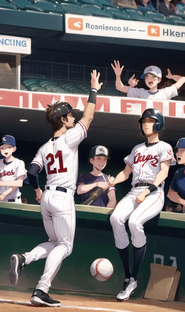 Five people celebrating a point scored at a baseball stadium
