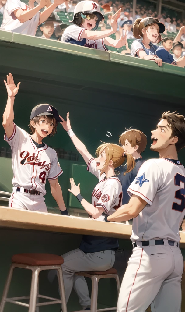 Five people celebrating a point scored at a baseball stadium