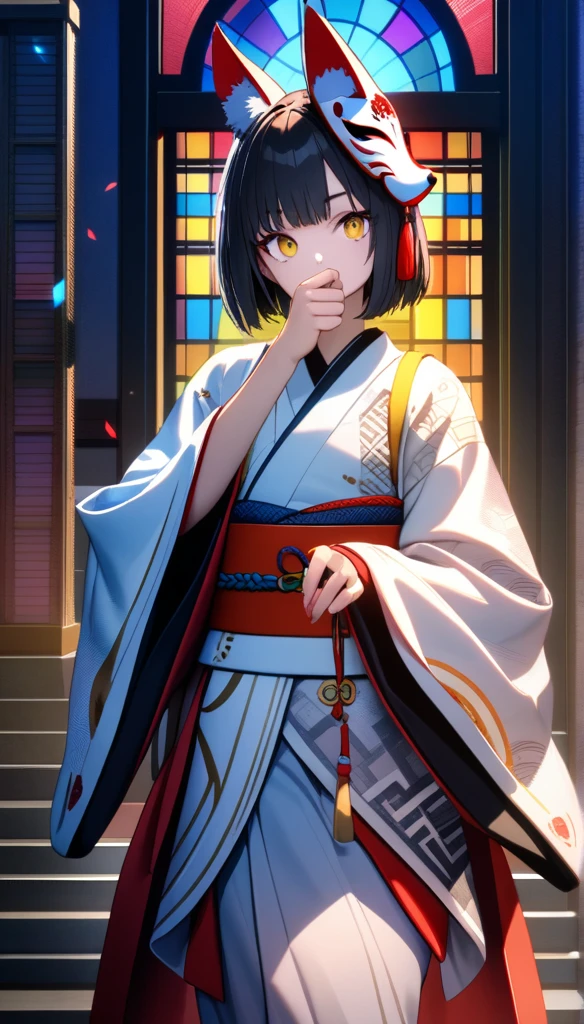 32k, best quality, ultra high res, HDR, UHD, extremely detailed CG, unity 32k wallpaper, a colorful Japanese animation style of a man with short hair holding a half-removed fox mask in his hand. The fox mask is golden and designed to cover the upper half of her face. He is dressed in a kimono with cyberpunk elements integrated into the design. His right hand is near his mouth, The background features a stained glass pattern with traditional Japanese motifs.