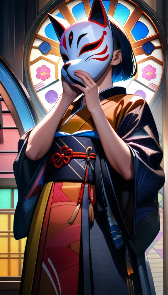 32k, best quality, ultra high res, HDR, UHD, extremely detailed CG, unity 32k wallpaper, a colorful Japanese animation style of a man with short hair holding a half-removed fox mask in his hand. The fox mask is golden and designed to cover the upper half of her face. He is dressed in a kimono with cyberpunk elements integrated into the design. His right hand is near his mouth, The background features a stained glass pattern with traditional Japanese motifs.
